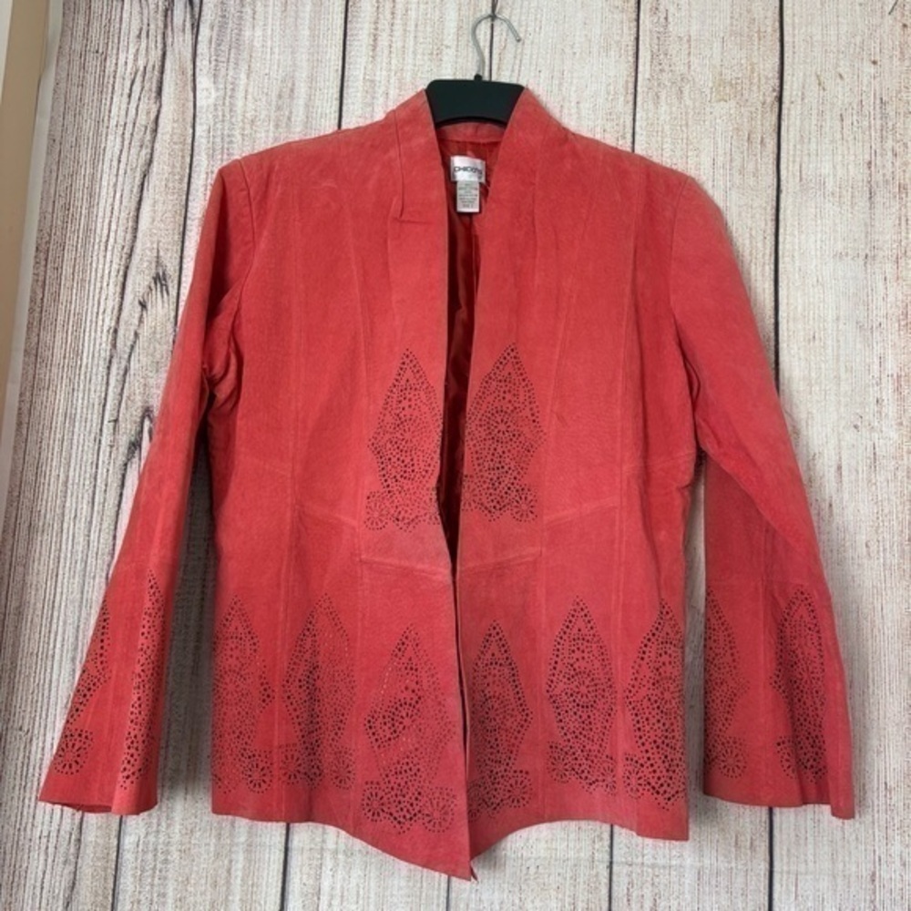 Vintage Chicos Womens Laser Cut Coral Suede Leather Jacket size 2 or Large